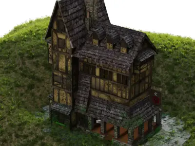 House 3D Model medieval on hill Free low-poly 3D model