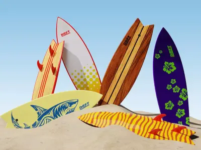 Fishboard Surfboard with 6 Graphic Design Variants Low-poly 3D model