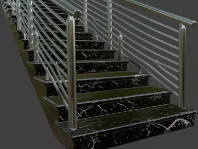 Black Marble Staircase with Stainless Steel Cable Railings 3D model