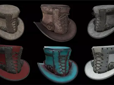 Steampunk hat low poly 6 texture options and high poly Low-poly 3D model
