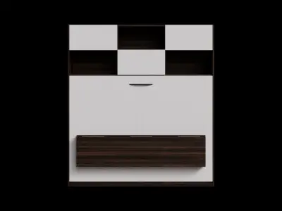 White Cabinet Brown Walnut Drawers Wall Bed Closed Low-poly 3D model