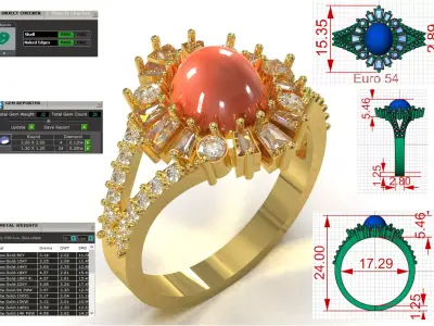 Gold Cabochon Opal Garnet Ring with Radial Diamond Halo jr00271 3D print model