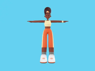 African American young woman in sportwear cartoon character Low-poly 3D model