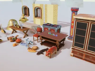 Stylized Medieval Interior Props Kit 70 plus Items Low-poly 3D model