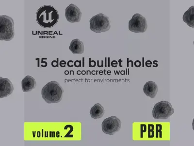 15 Bullet Hole Decals Pack on Concrete Wall 2 Texture