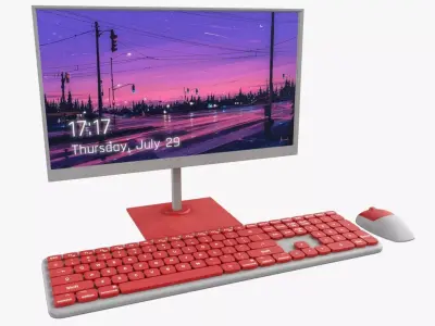 Wireles Computer Set Keyboard Mouse Monitor Red-White Version 3D model