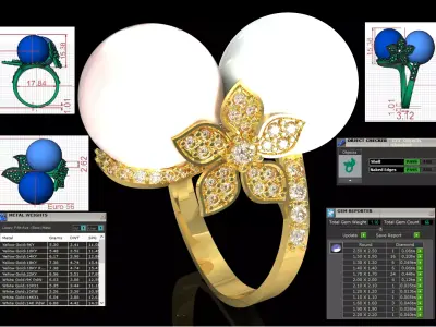 Dual Pearl Paved Flower stl 3dm jewelry Ring model pr0073 3D print model