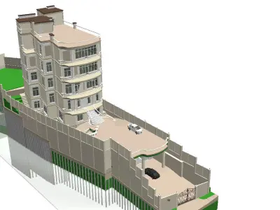 6 floor hotel with a complex terrain Low-poly 3D model