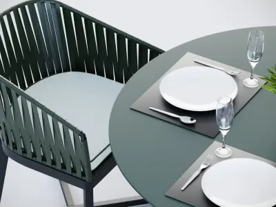 3D Rounded table and 4 rope chairs 3D model