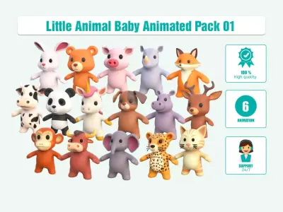 Little Animal Baby Animated Pack 01 Low-poly 3D model