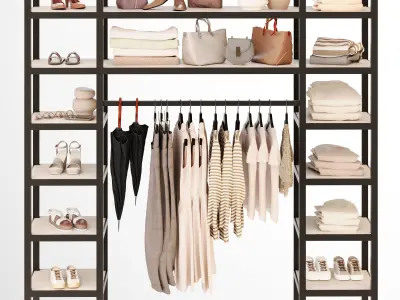 Wardrobe with clothes 2 beige rack for a clothing store 3D model