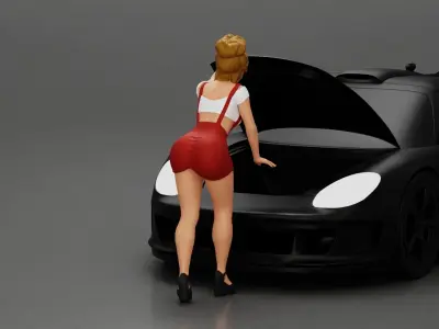 2 Sexy Girl in sunglasses opening a car hood and look inside  3D print model
