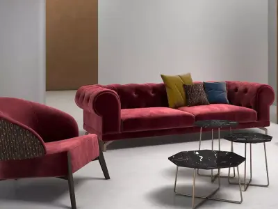 Red Velvet Chesterfield Sofa 3D Model 3D model