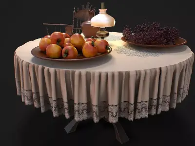 Furniture set with dishes and fruits 3d model Low-poly 3D model