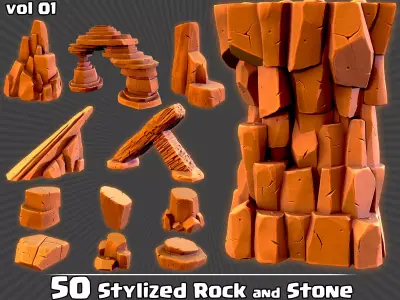 50 Stylized Rock and Stone Game Ready and IMM Brush Low-poly 3D model