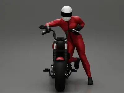 Motorbiker standing pushing his motorbike 3D print model
