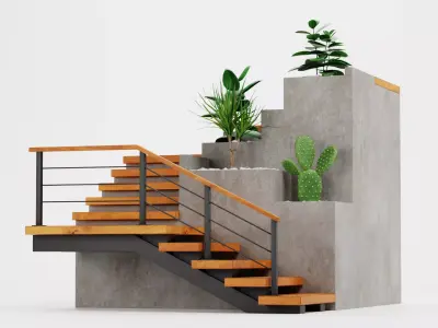 Staircase Corner with Plants - Modular Interior Stairs  Low-poly 3D model