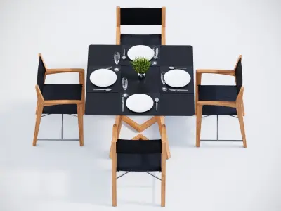 Dining square table with 4 director chairs 3D model 3D model