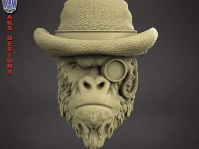 Gentlemen Gorilla Bas relief Art for CNC and jewelry 3D print model