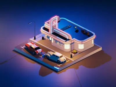 Rounte  model with Cars and Canteen  in blender low poly Low-poly 3D model