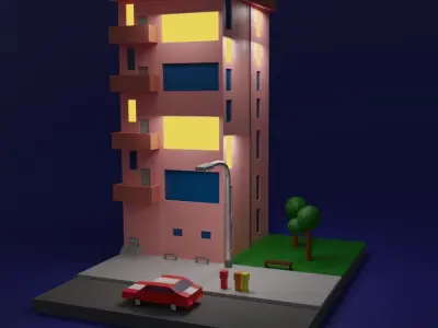 Low Poly House building with car Low-poly 3D model
