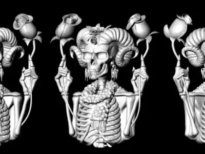 Aries sign Zodiac  Skeleton horns and roses 3D printable Model 3D print model