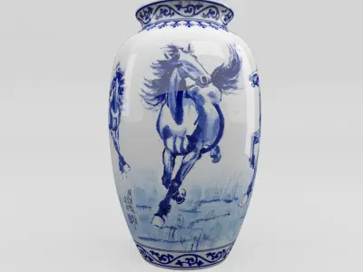 Chinese Blue and White Porcelain Vase - Horses Low-poly 3D model