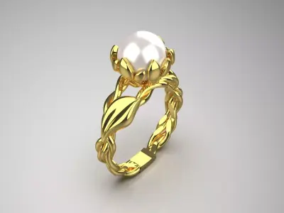 Yellow gold STL ring with ivy and pearl design model pr0019 3D print model