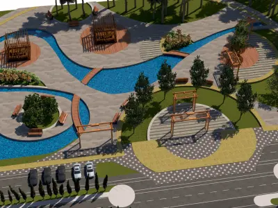 Dynamic Urban Park with Winding Water Features 3D Model Low-poly 3D model