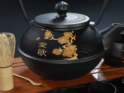 Oriental Tea Set - Teapot and Cups 3D model