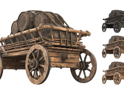 Medieval cart with barrels 3D model