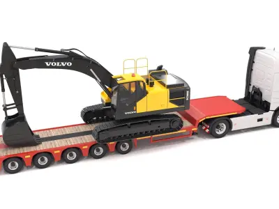 Volvo fh16 2021 and Lowboy Trailer with EC300E Excavator 3D model