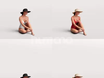 Humano Woman in swimsuit and hat sitting pool-2511-050-7491 3D model