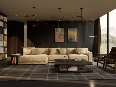 Light modern living room with bookshelves Free low-poly 3D model