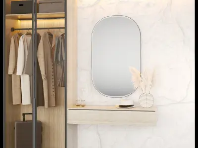 Hallway wardrobe with mirror and clothes hanging in it 3D model