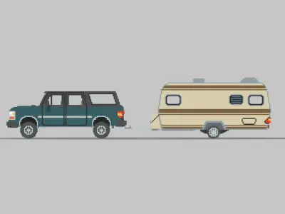 Voxel Caravan With SUV Tow Low-poly 3D model