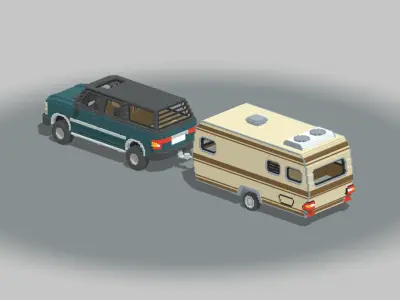 Voxel Caravan With SUV Tow Low-poly 3D model