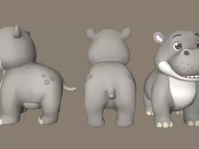 Rigged Cute Playful Grey Hippo Low-poly 3D model