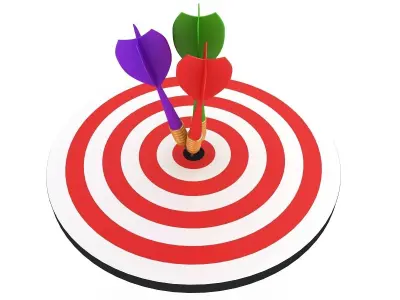 Dartboard Set three colorful darts in center of target 3D model