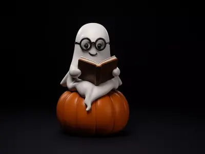 Adorable Ghost Reading on Pumpkin Cute Halloween Decoration 3D print model