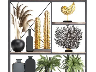 Shelf with reeds and plants coral decor 3D model