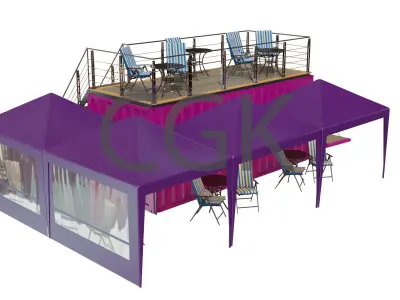 Mobile-shipping-container-restaurant tent with tables and chairs 3D model