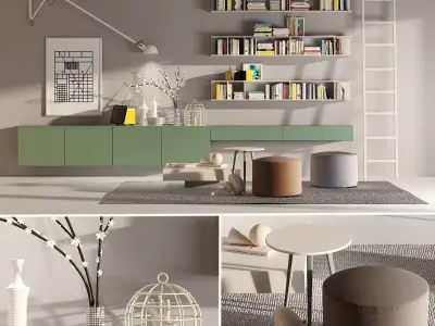 novamobili set modern living room with bookshelves and birdcage 3D model