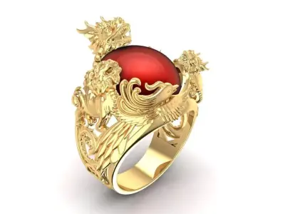 Luxury Feng Shui Men Ring with Dragon Qilin Turtle Phoenix  1921 3D print model