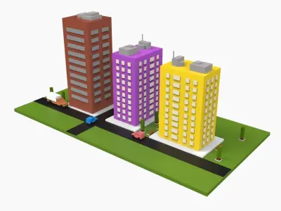 Simple Poly City - 3 Building Terrian Low-poly 3D model