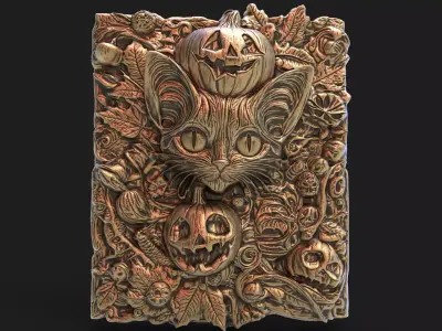 hallowen cat and pumpkin baserelife 3dmodel   3D print model