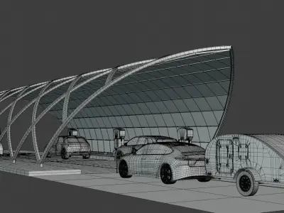 Charging station with cars and minibus II 3D model
