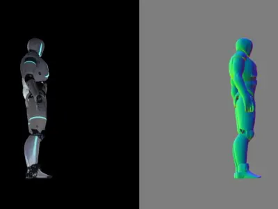 humanoid robot metallic body with blue glowing strips Free low-poly 3D model
