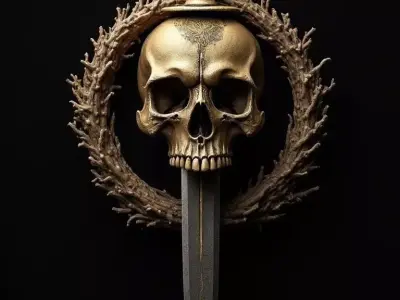 Golden Skull Dagger Wall Mount Dark Fantasy Decorative Sculpture Low-poly 3D model