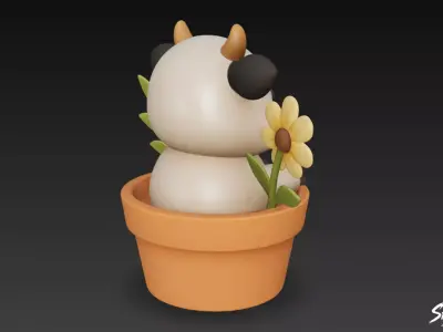 Cow in Flower Pot Low-poly 3D model